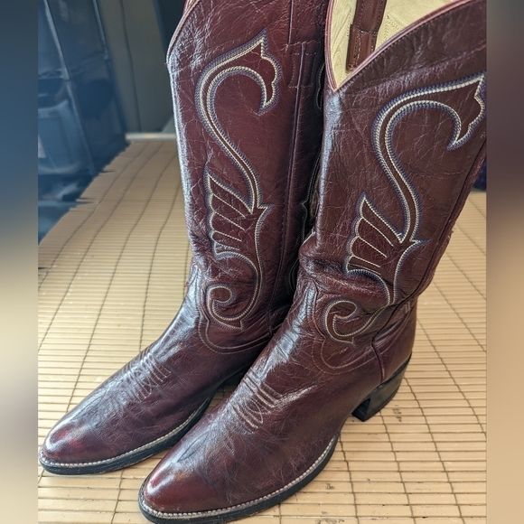 Larry Mahan vintage 1981 men's sz 9D Burgundy red leather Cowboy Western Boots - Picture 1 of 12